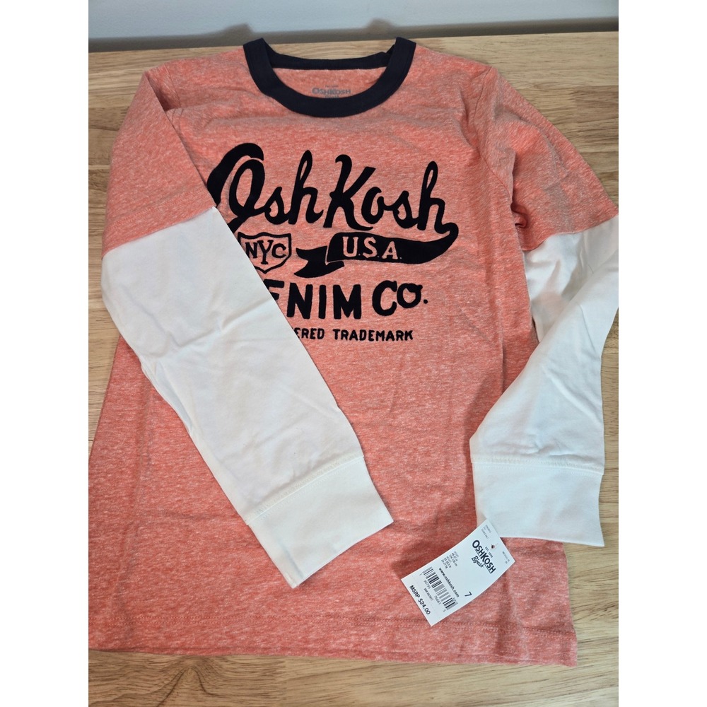 OshKosh B'gosh Boys Orange Layered Look Graphic Long Sleeve Tee Shirt Size 7 NEW